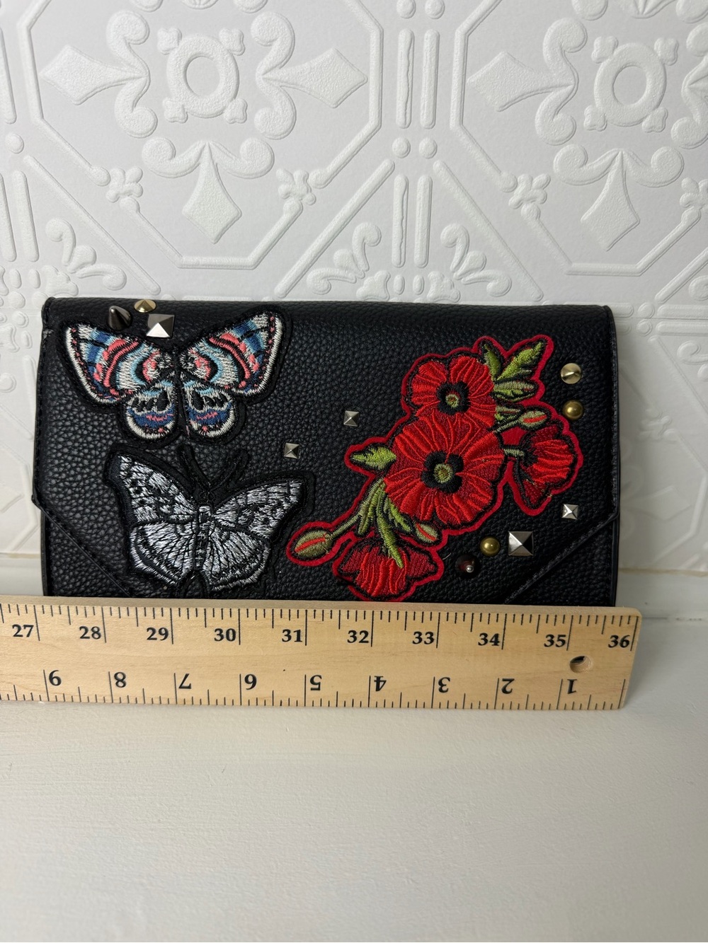 Black Embroidered Butterfly Floral Studded Wallet Wristlet Whimsigoth Y2K Clutch - Picture 8 of 10